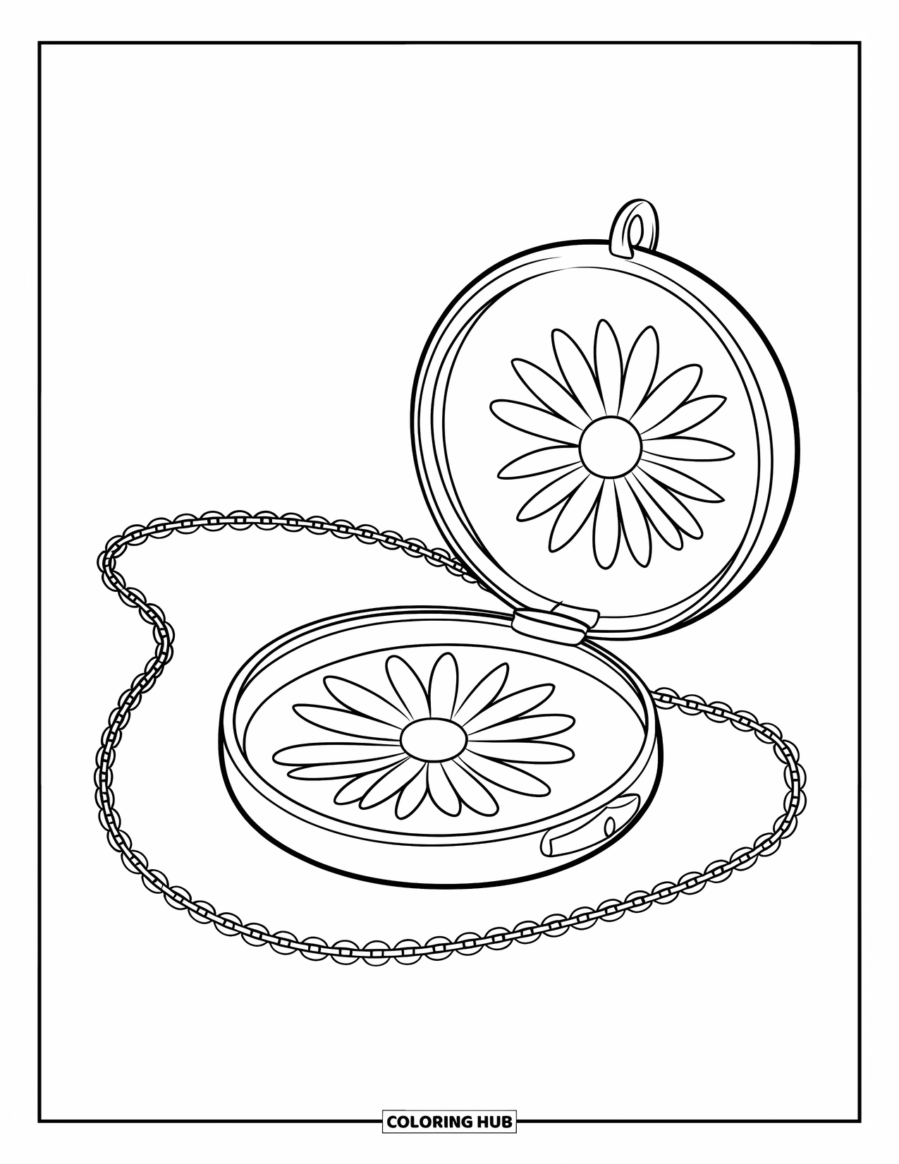 Jewelry Coloring Page for Kids: Flower locket hanging on a chain with a simple background