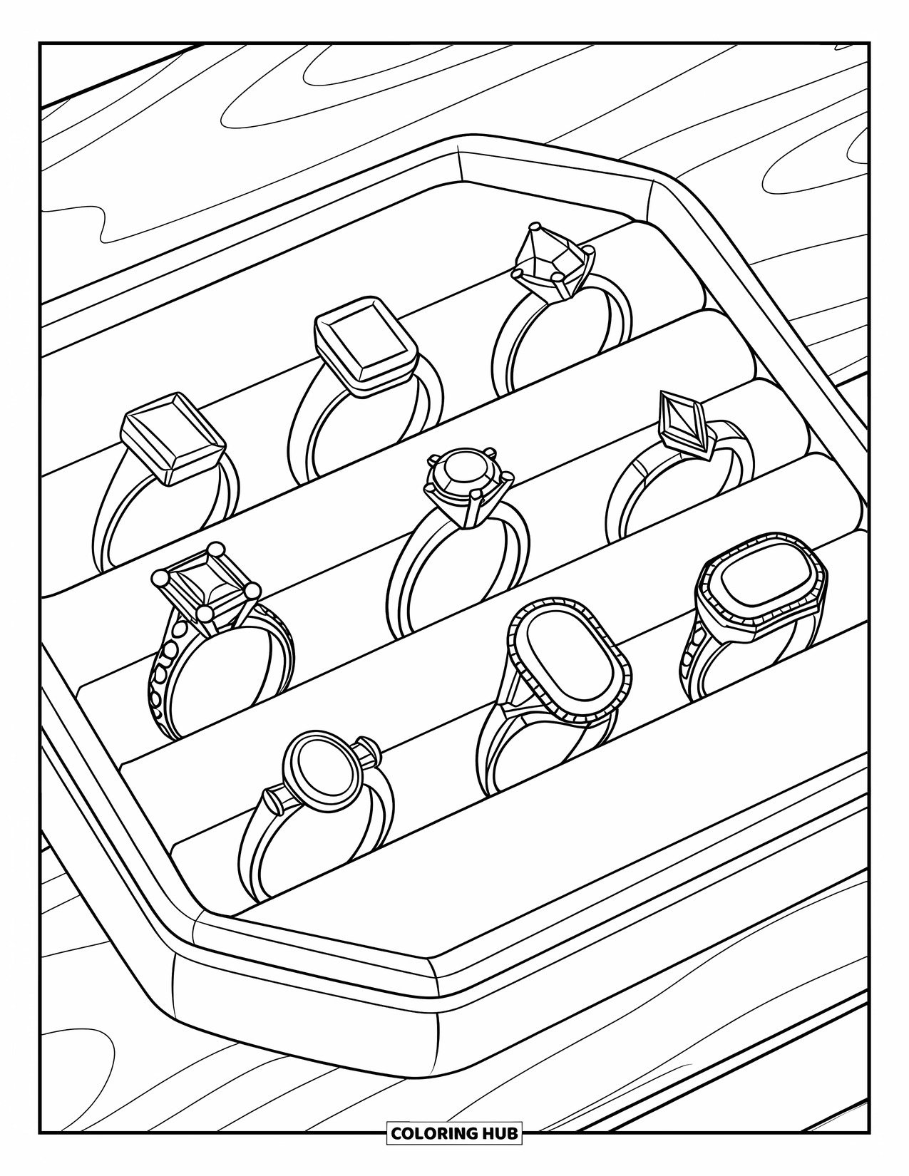Jewelry Coloring Page for Kids: Gemstone ring collection displayed in a tray on a wooden surface