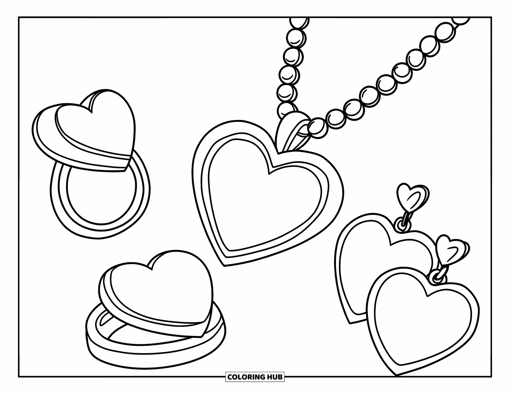 Jewelry Coloring Page for Kids: Heart-shaped necklace, ring, and earrings displayed as a matching set