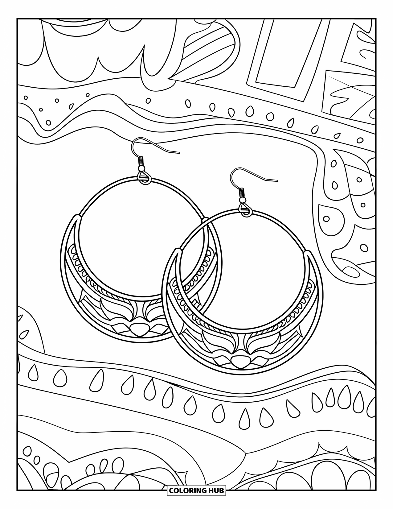 Jewelry Coloring Page for Kids: Hoop earrings with etched designs placed on patterned fabric