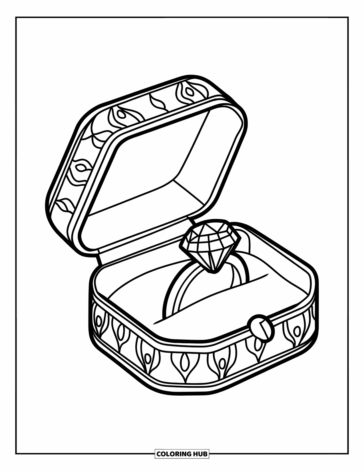 Jewelry Coloring Page for Kids: Jewelry box holding a diamond ring with patterns