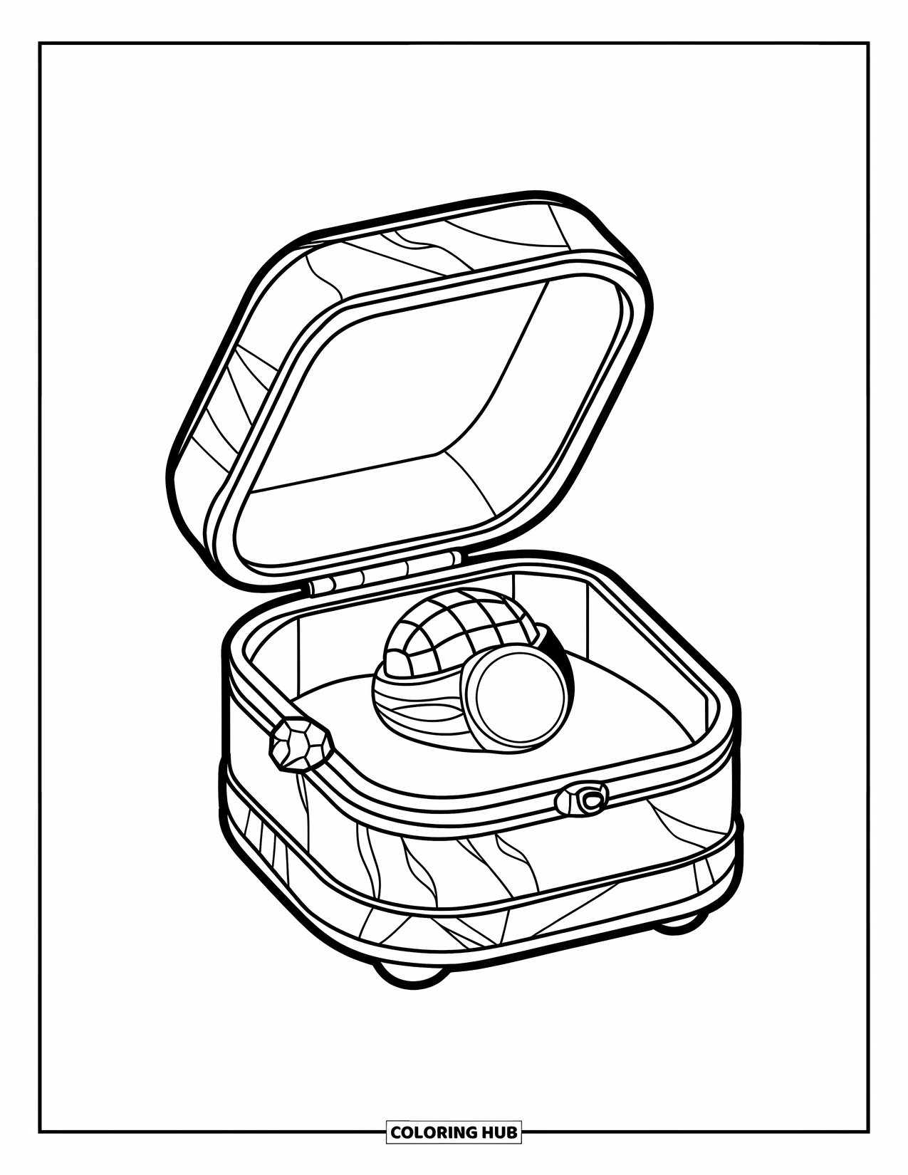 Jewelry Coloring Page for Kids: Jewelry box with a glowing gemstone ring inside