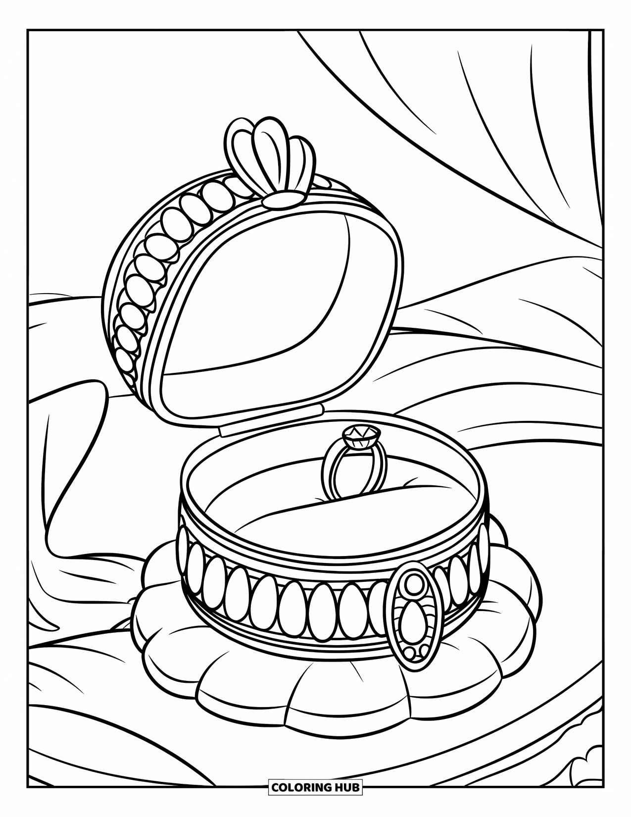 Jewelry Coloring Page for Kids: Jewelry box with a ring inside resting on a cushion