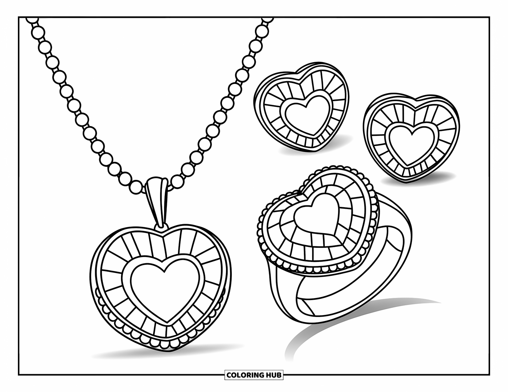 Jewelry Coloring Page for Kids: Jewelry set with heart pendant necklace, gemstone ring, and matching earrings