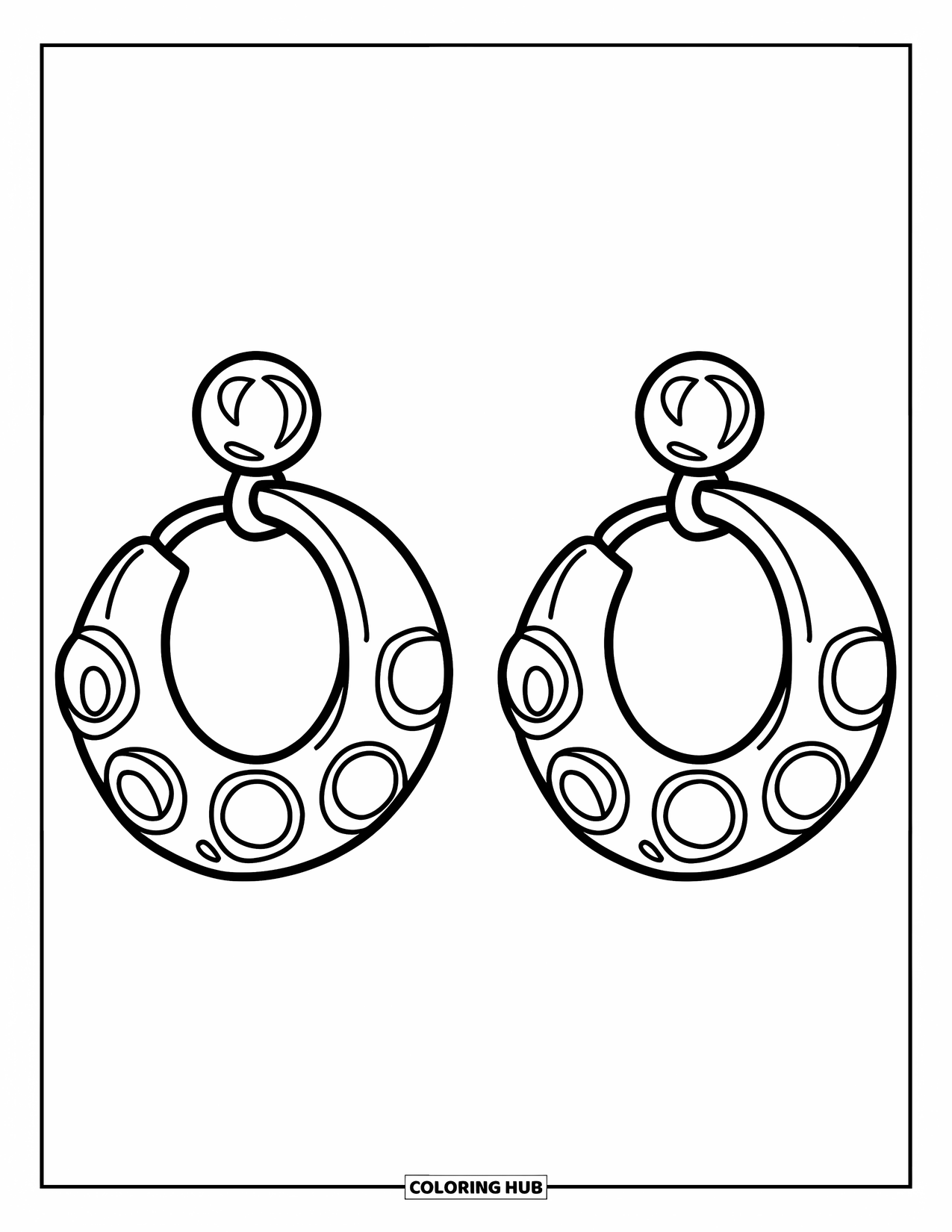 Jewelry Coloring Page for Kids: Pair of chunky hoop earrings with round decorations