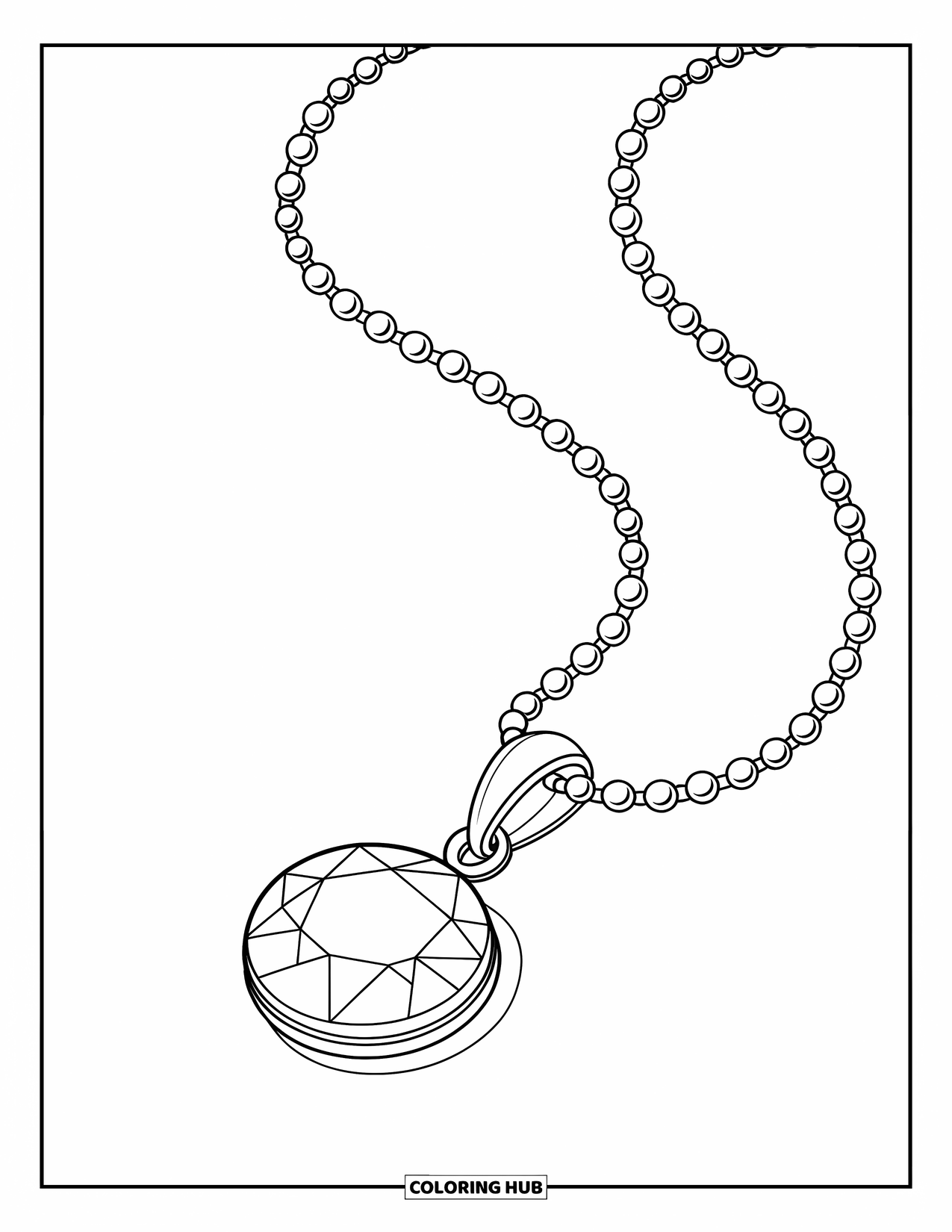 Jewelry Coloring Page for Kids: Round gemstone pendant necklace displayed simply