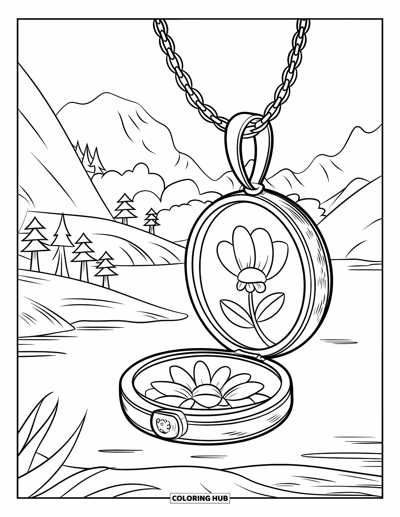 Jewelry Coloring Page for Kids: Round locket with a flower inside hanging from a branch