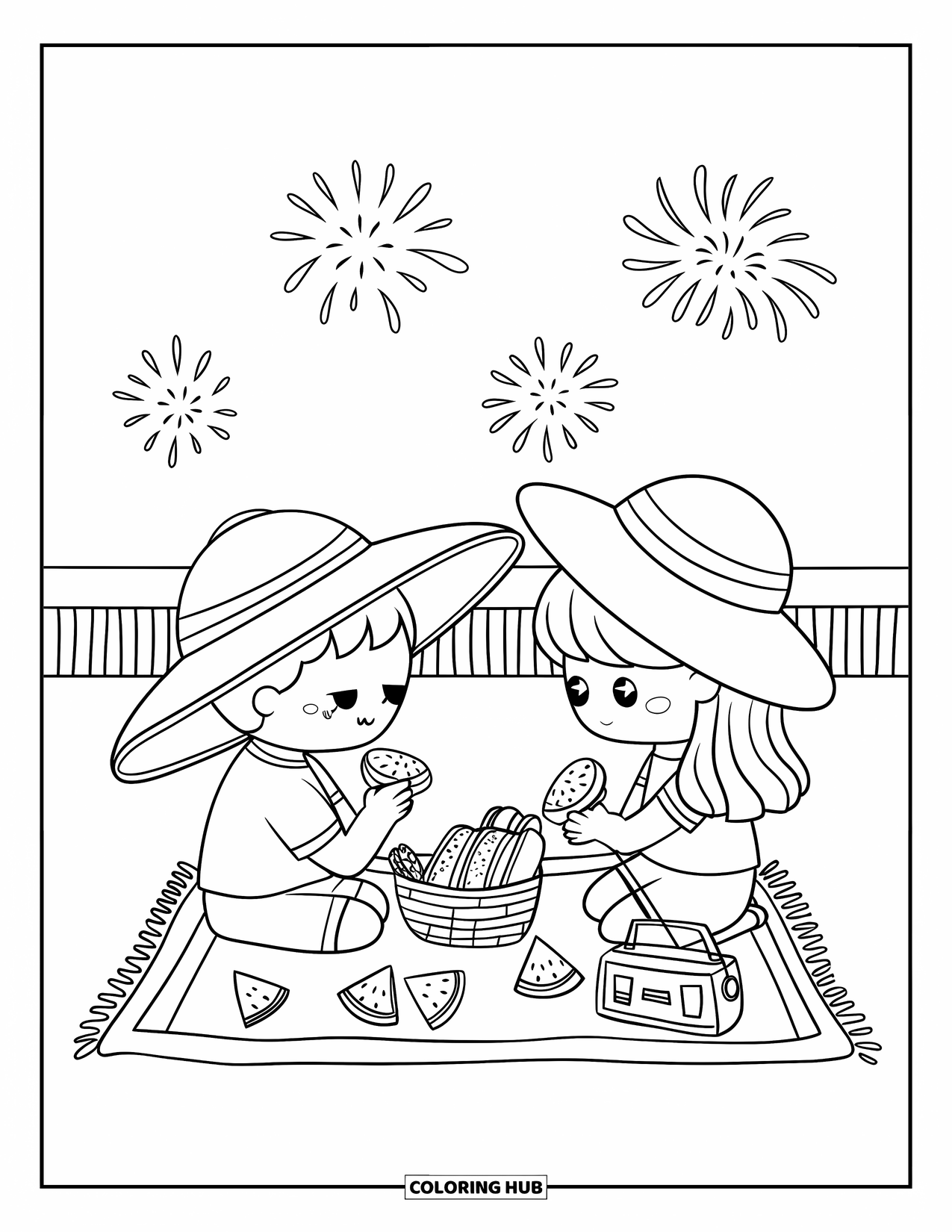 July Coloring Page for Adults: Boy and girl in sunhats share a rooftop picnic as fireworks sparkle above