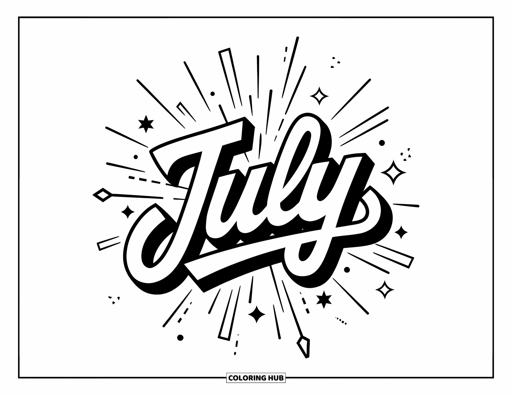 July Coloring Page for Adults: Cursive "July" with abstract fireworks, stars, and geometric accents around it