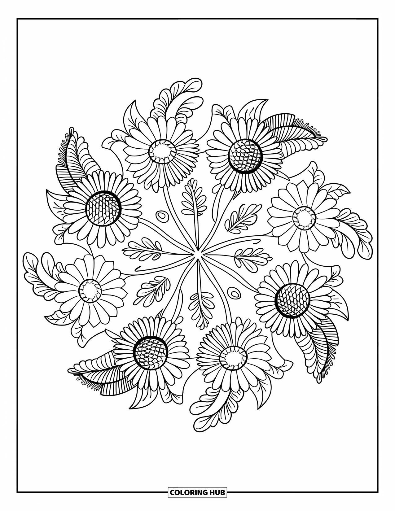 July Coloring Page for Adults: Floral mandala of sunflowers, daisies, mint, and basil in detailed circular design