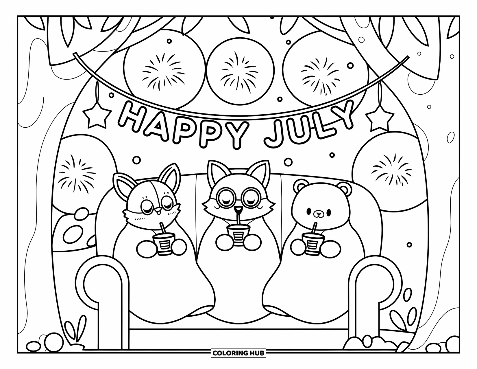 July Coloring Page for Adults: Fox, rabbit, and bear cozy up in treehouse with fireworks and "Happy July" banner
