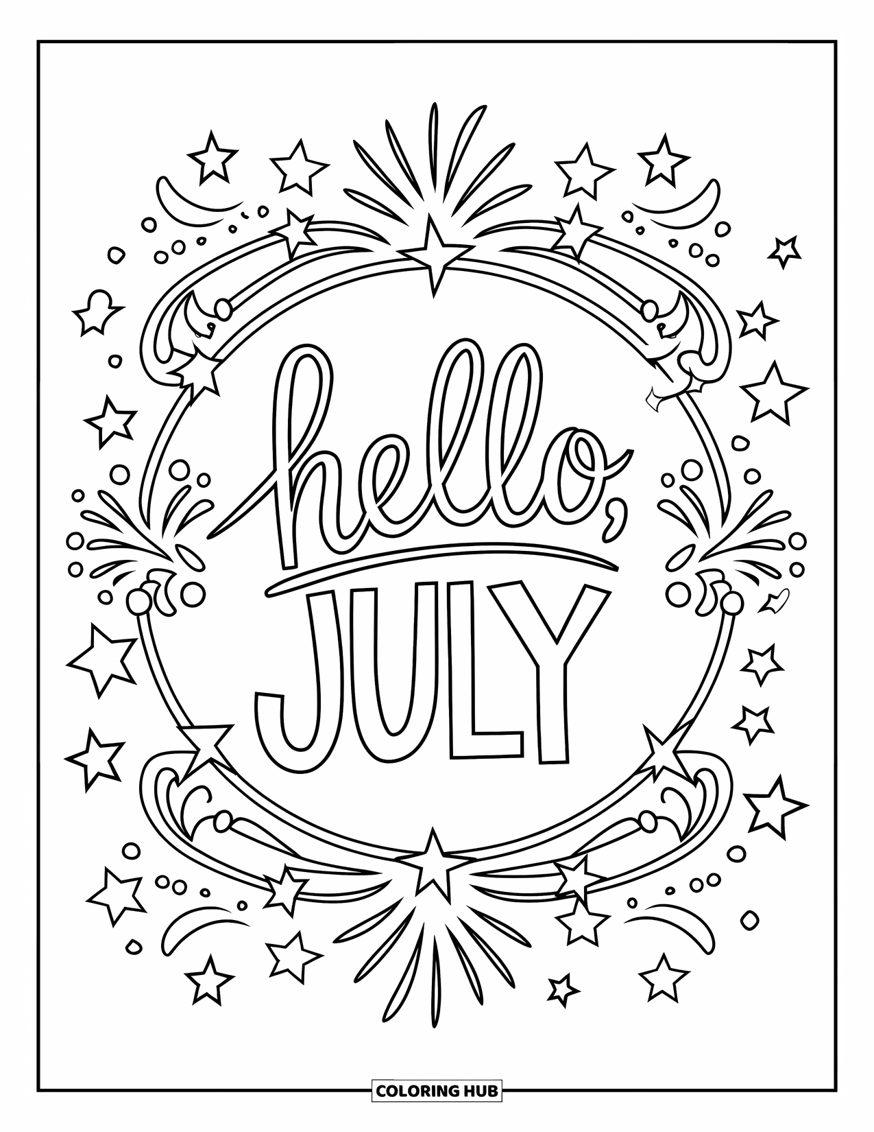 July Coloring Page for Adults: "Hello, July" framed with swirls, stars, and fireworks inside a circle