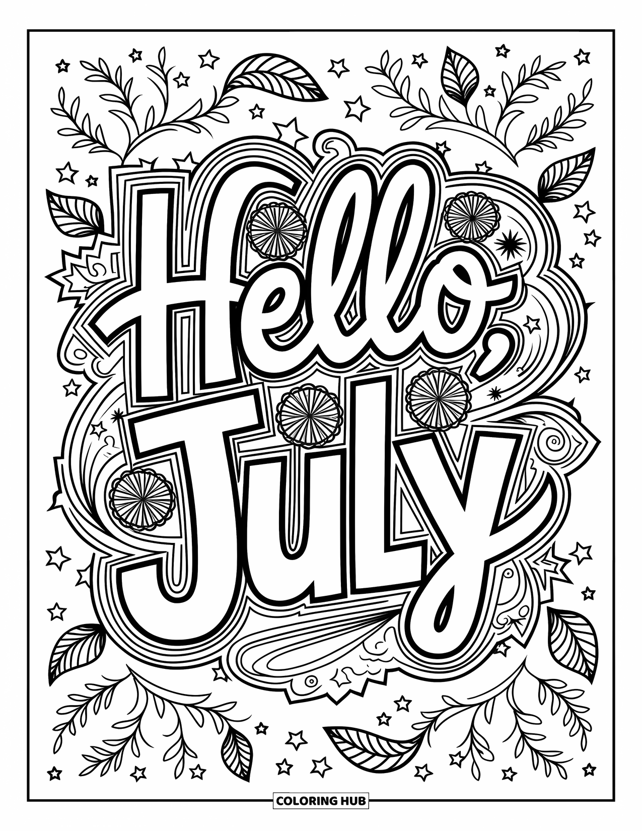 July Coloring Page for Adults: "Hello, July" with swirls, stars, fireworks, and background vines and leaves