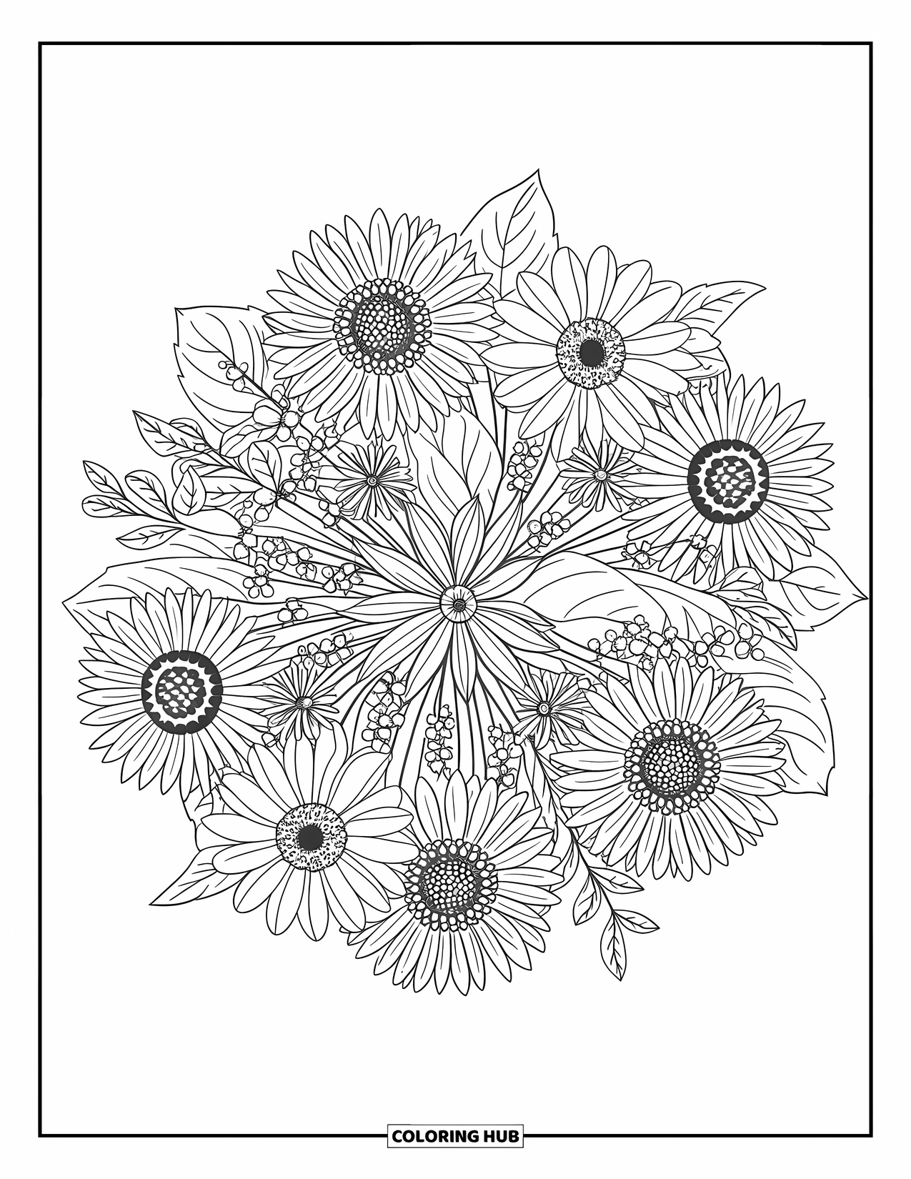 July Coloring Page for Adults: Intricate mandala of sunflowers, daisies, and herbs with bold outlines