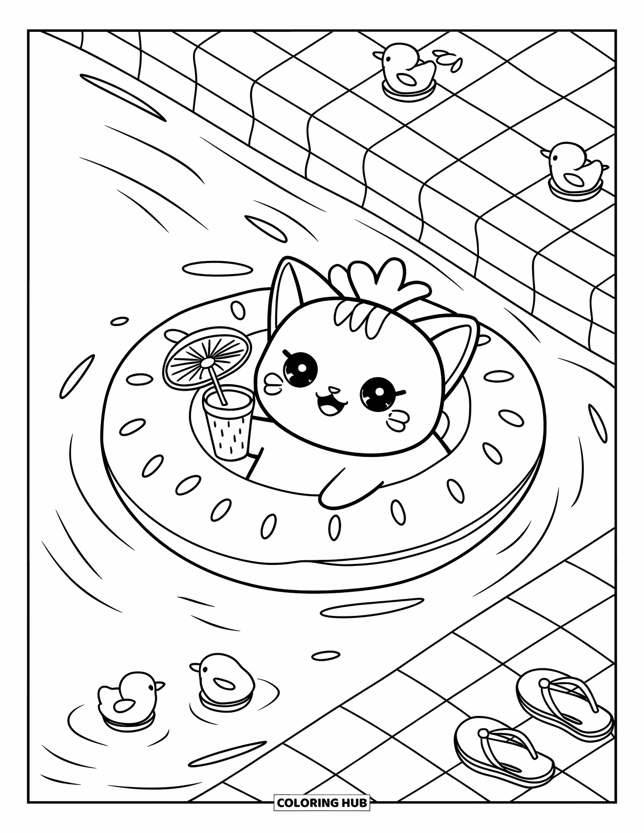 July Coloring Page for Adults: Kitten drifts on strawberry float with tiny drink, ducklings, and soft pool ripples