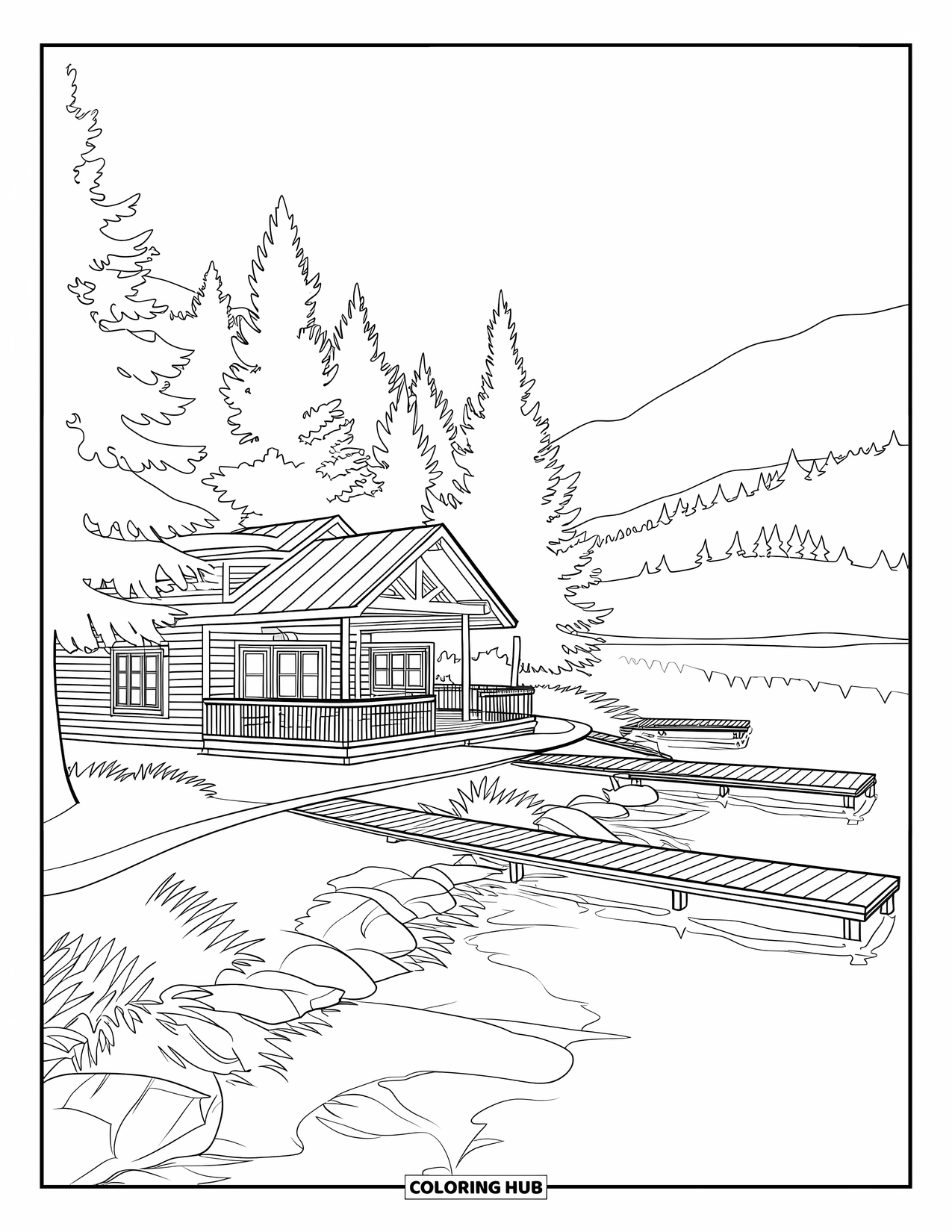 July Coloring Page for Adults: Lakeside cabin with wooden deck, pine trees, docks, and mountains behind
