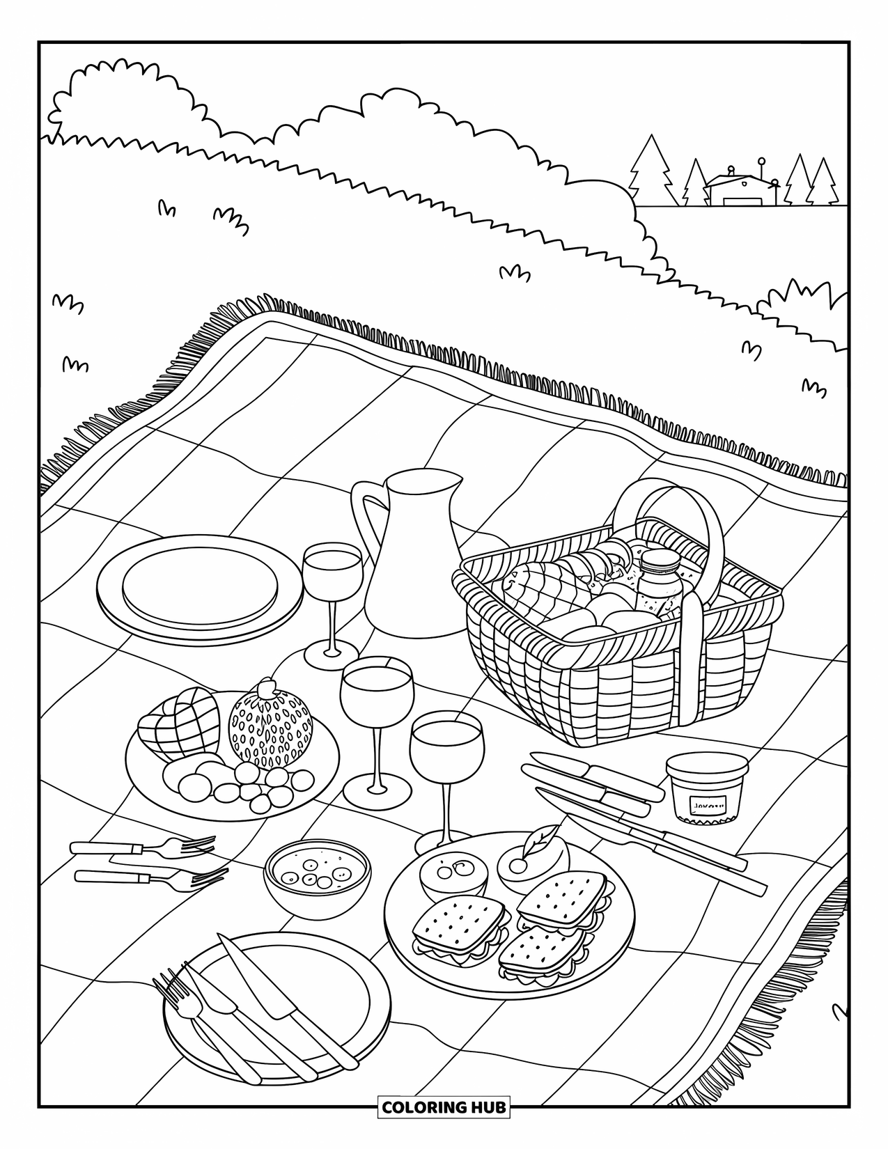 July Coloring Page for Adults: Overhead picnic scene with basket, pitcher, sandwiches, fruit, jam, utensils, trees, building