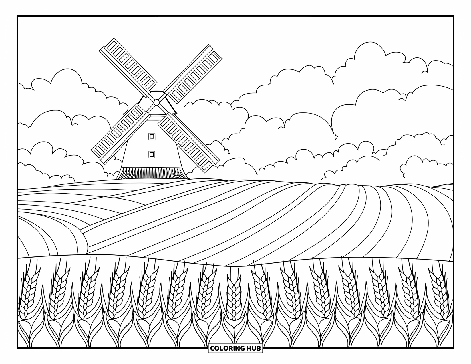 July Coloring Page for Adults: Peaceful windmill with turning blades, layered wheat fields, and puffy distant clouds