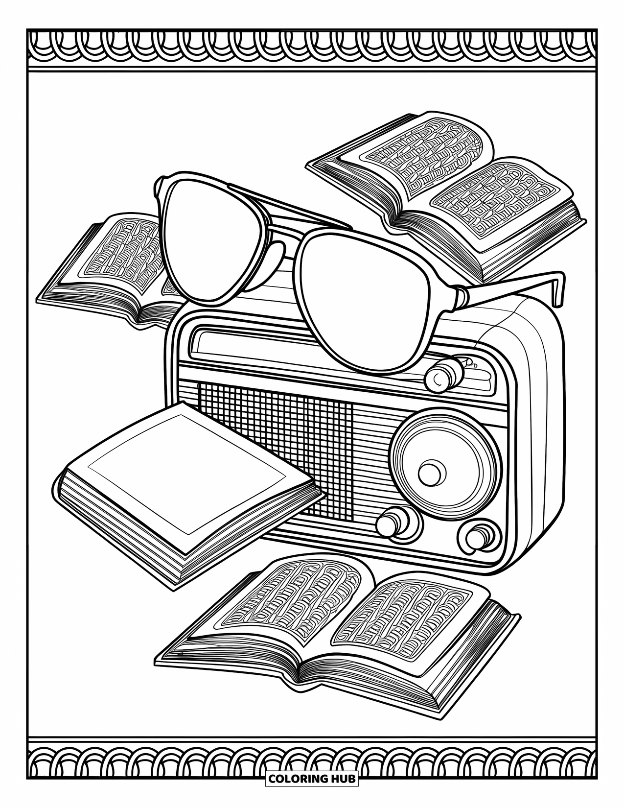 July Coloring Page for Adults: Sunglasses on vintage radio and books with interlocking circle border