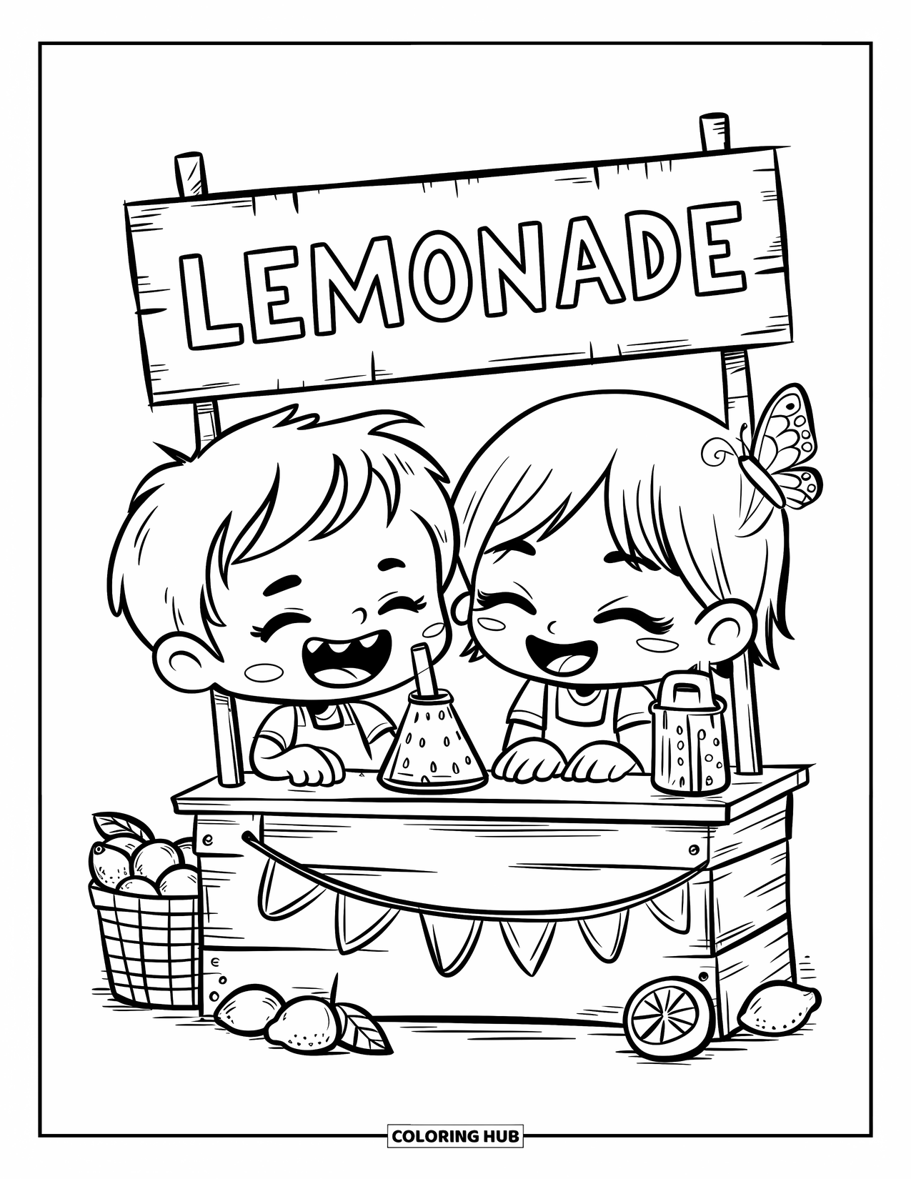 July Coloring Page for Adults: Two kids giggle by their handmade lemonade stand as a butterfly joins them