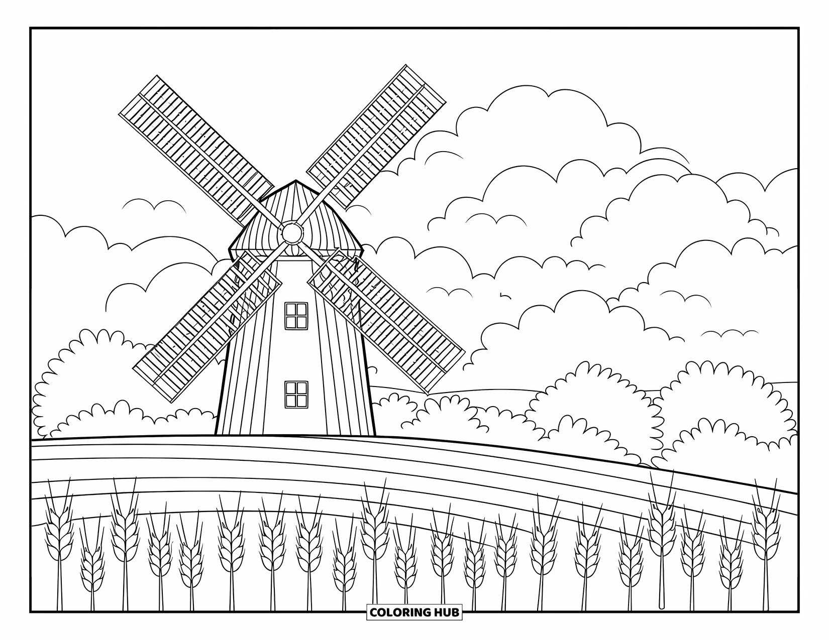 July Coloring Page for Adults: Windmill stands with spinning blades, wheat fields stretch back under puffy clouds