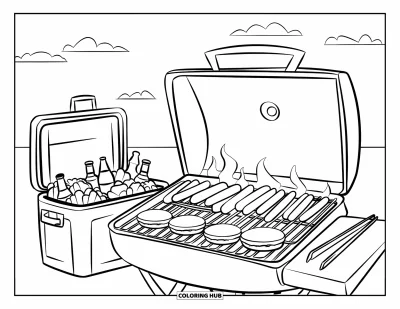 Kolorowanka na lipiec dla dzieci: Grill z burgerami, hot dogami, szczypcami, lodówką i pochmurnym niebem