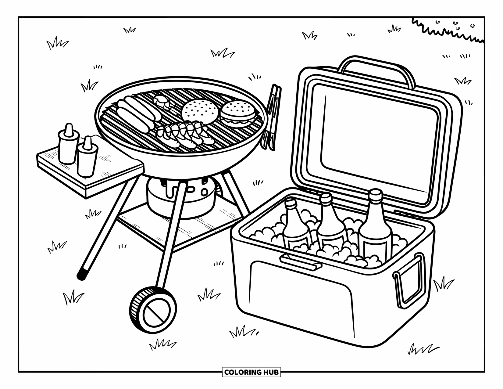 July Coloring Page for Kids: BBQ grill with food, cooler, condiments, and grassy picnic spot