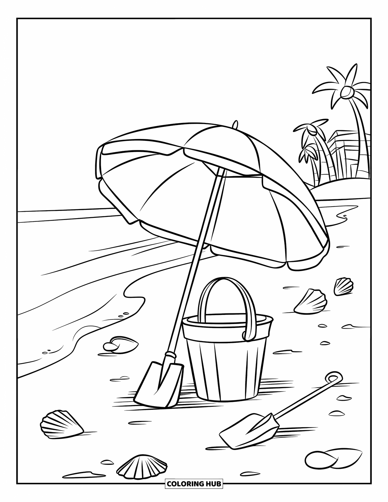 July Coloring Page for Kids: Beach scene with pail, shovel, umbrella, seashells, palm trees, and building