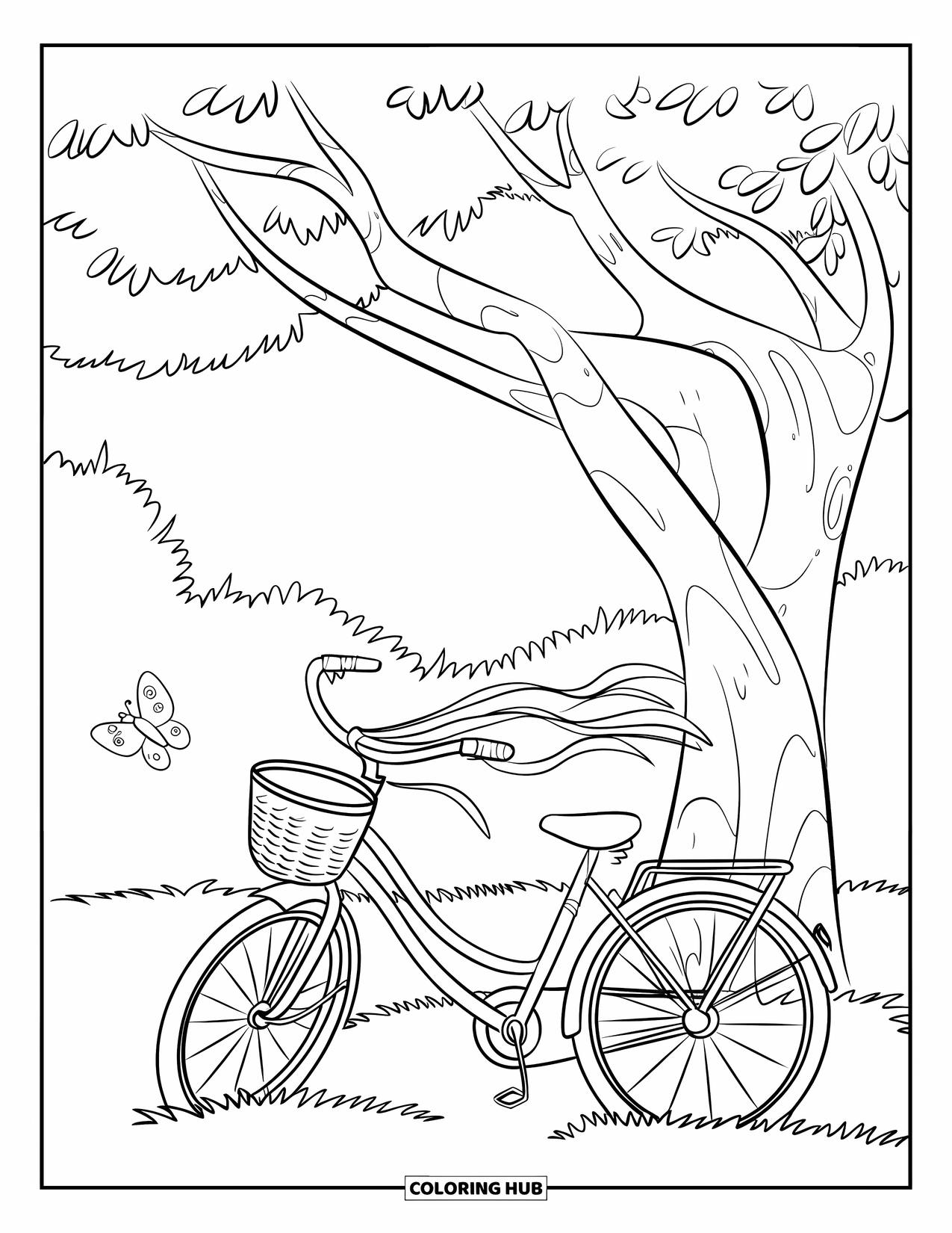 July Coloring Page for Kids: Bicycle with basket and streamers under tree with butterfly nearby