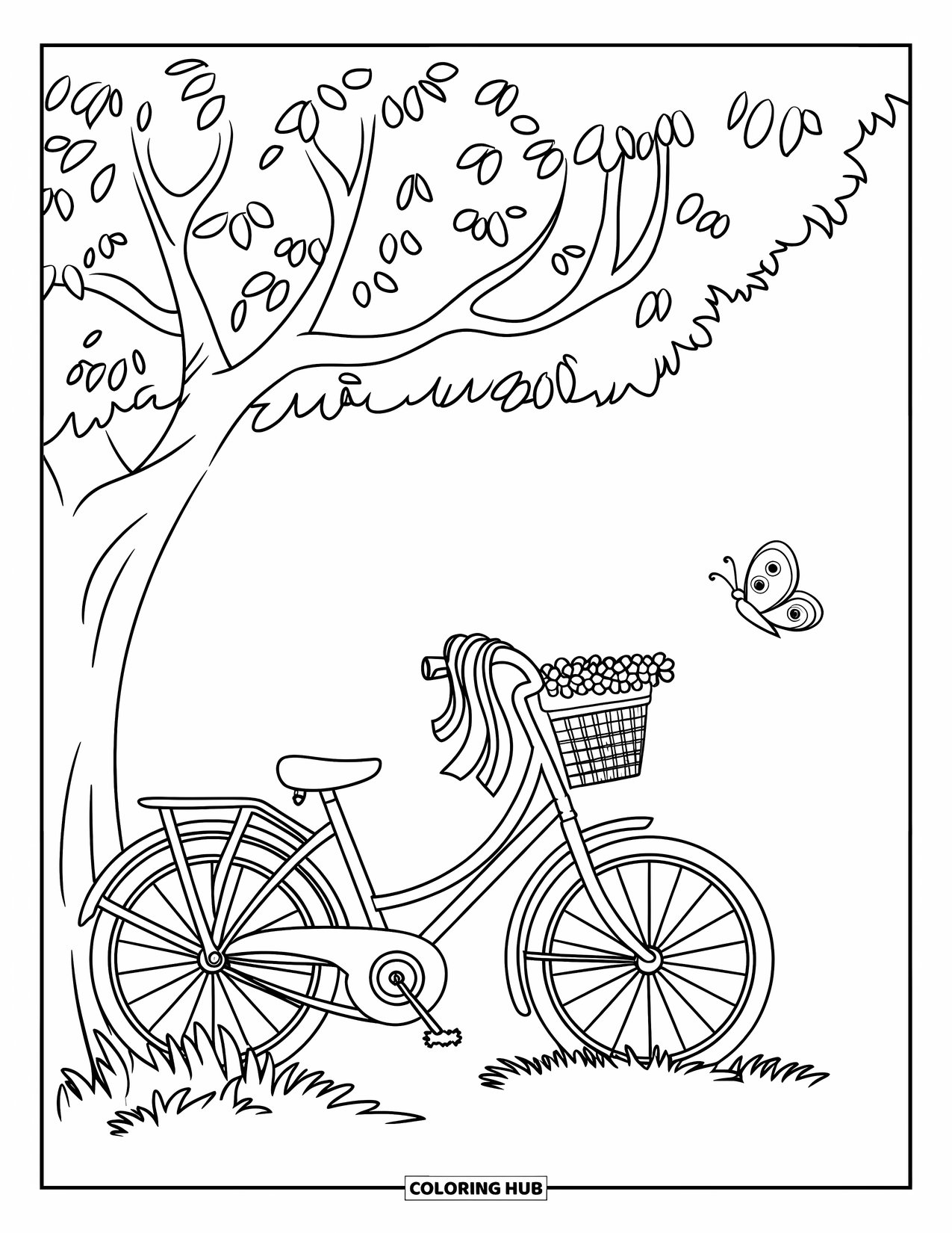 July Coloring Page for Kids: Bicycle with streamers by shady tree and butterfly in open field