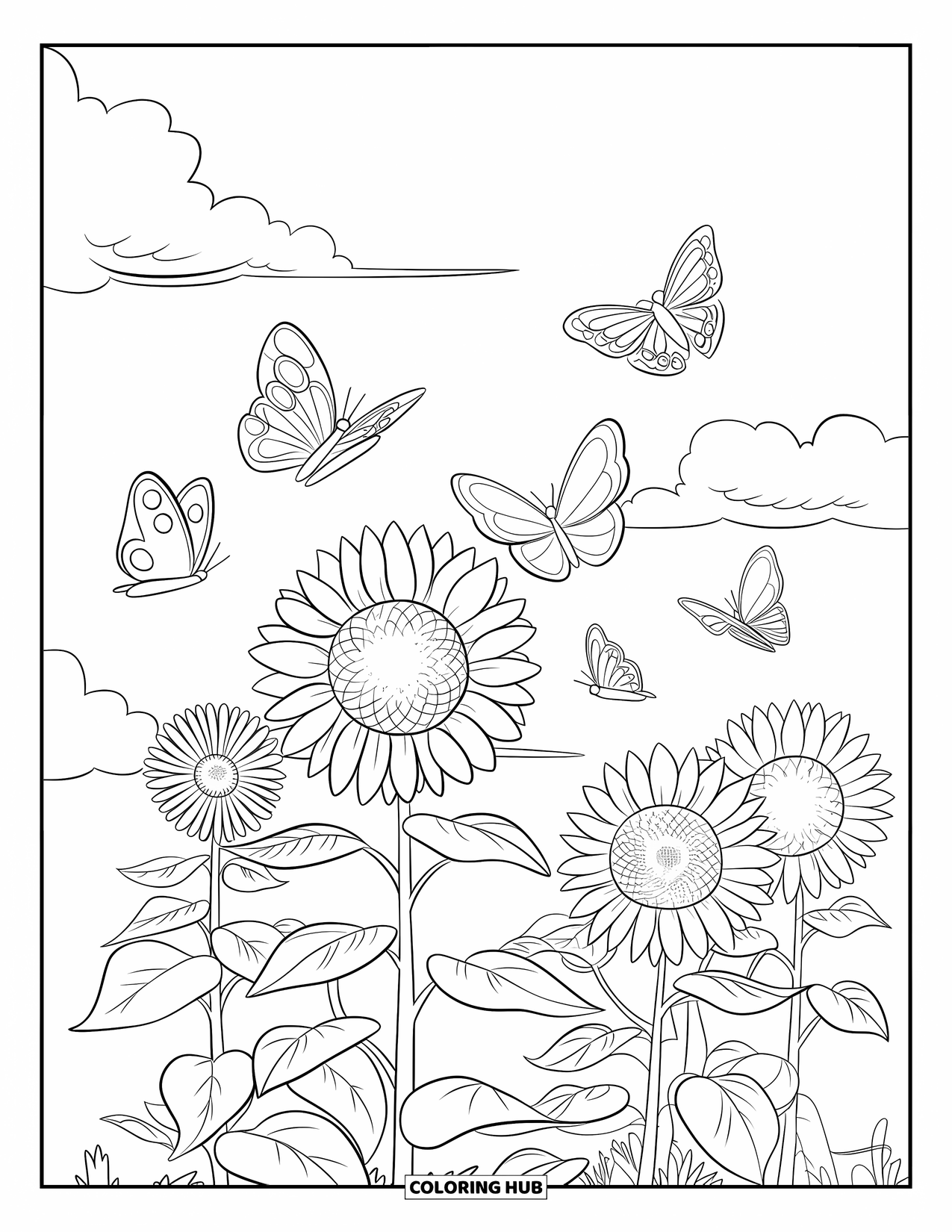 July Coloring Page for Kids: Butterflies fly among sunflowers under clear sky with fluffy clouds