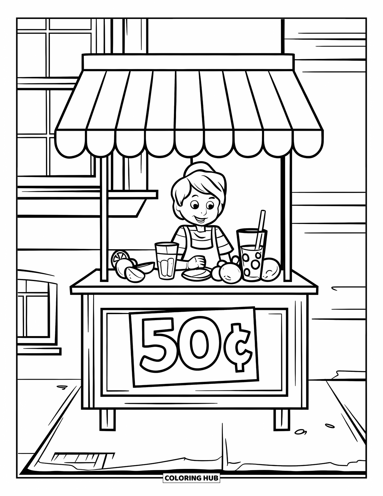 July Coloring Page for Kids: Child at sidewalk lemonade stand with awning, sign, and building behind