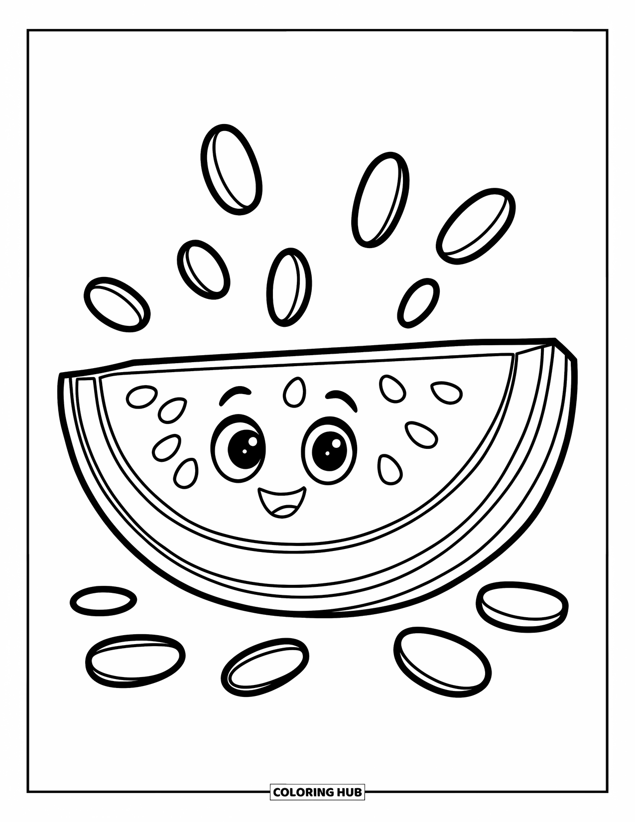 July Coloring Page for Kids: Cute watermelon slice with seeds scattered around its happy face