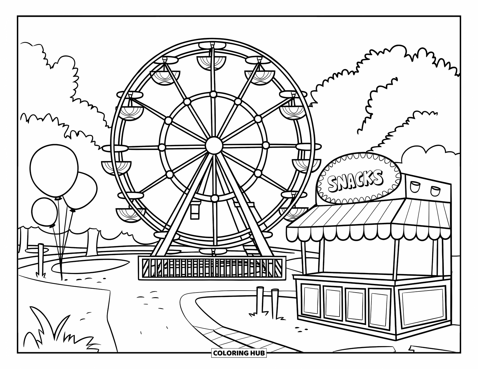 July Coloring Page for Kids: Ferris wheel, balloons, and snack stand at outdoor fair with trees