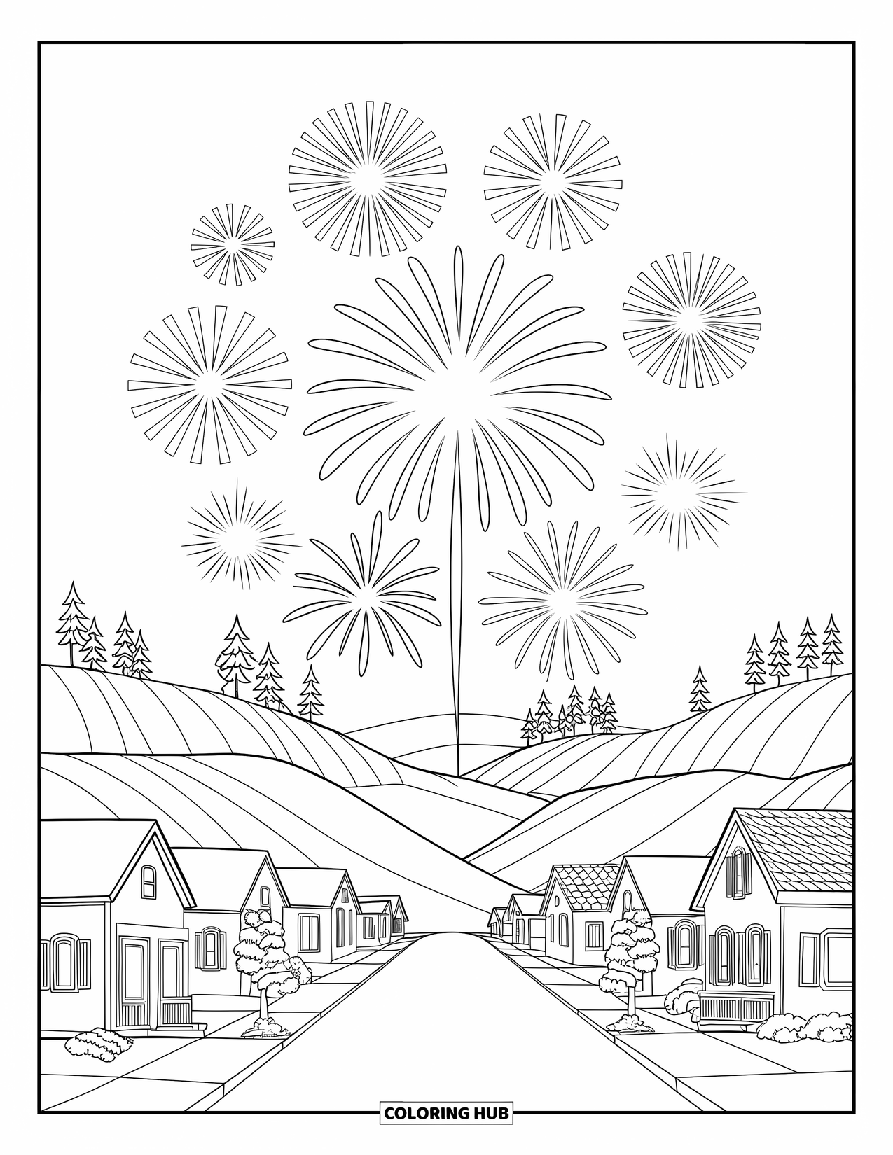 July Coloring Page for Kids: Fireworks burst over small town streets nestled between rolling hills