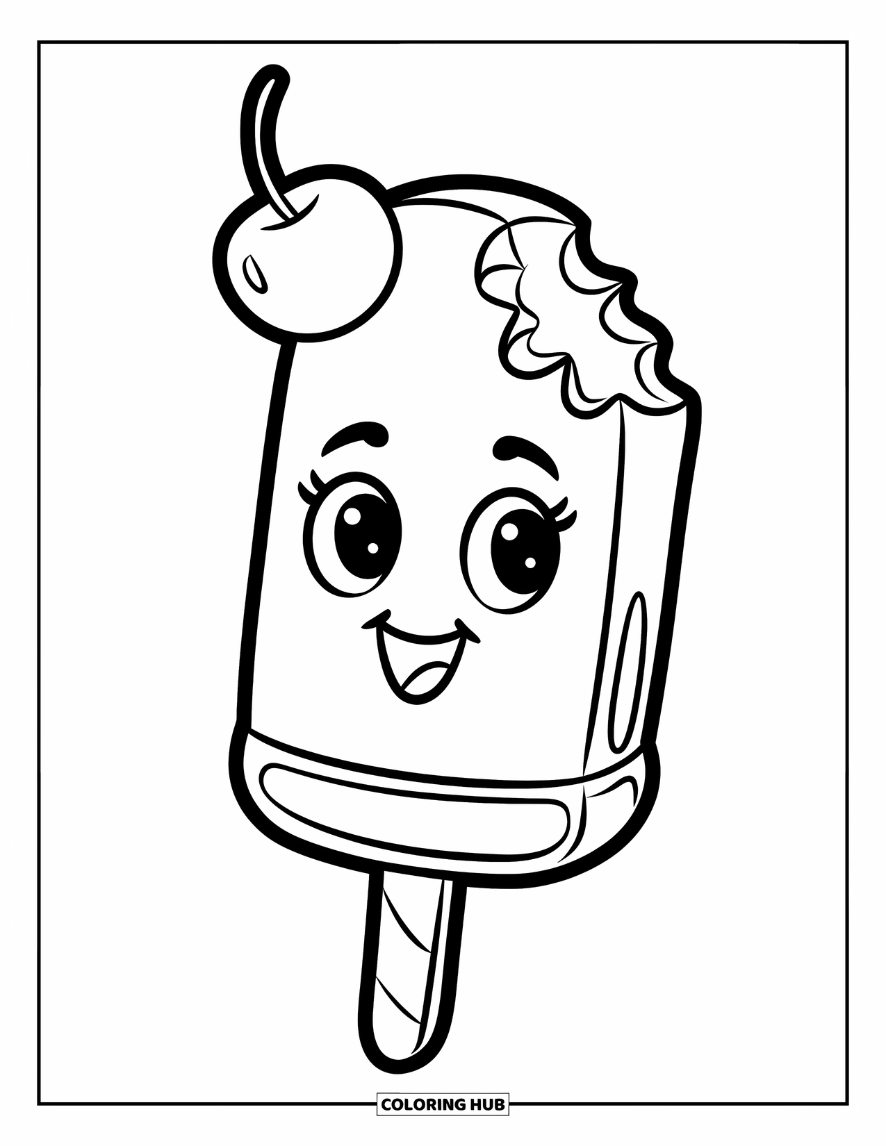 July Coloring Page for Kids: Happy popsicle with a bite missing and cherry on top of cone