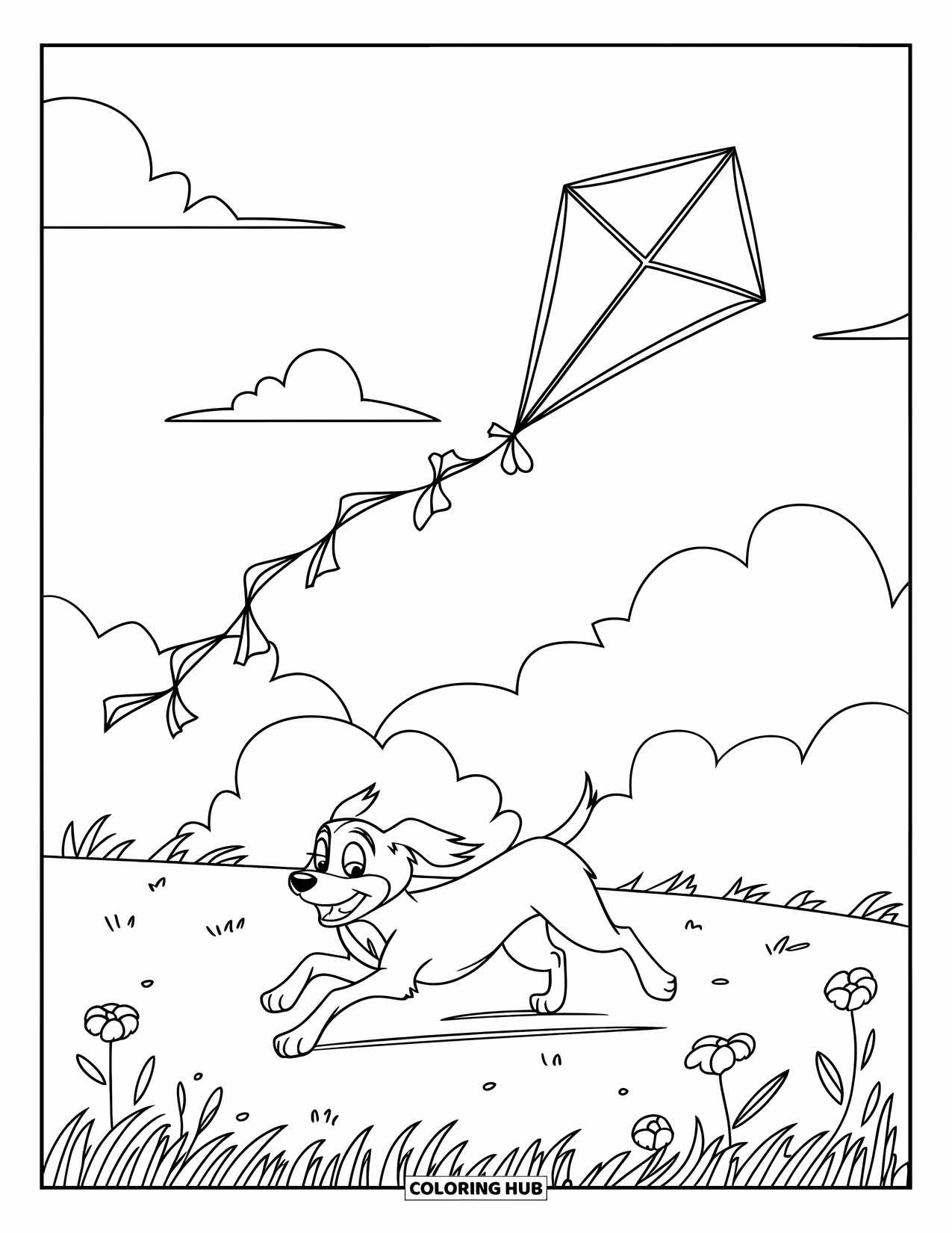 July Coloring Page for Kids: Kite floats above meadow with dog spinning below under cloudy sky