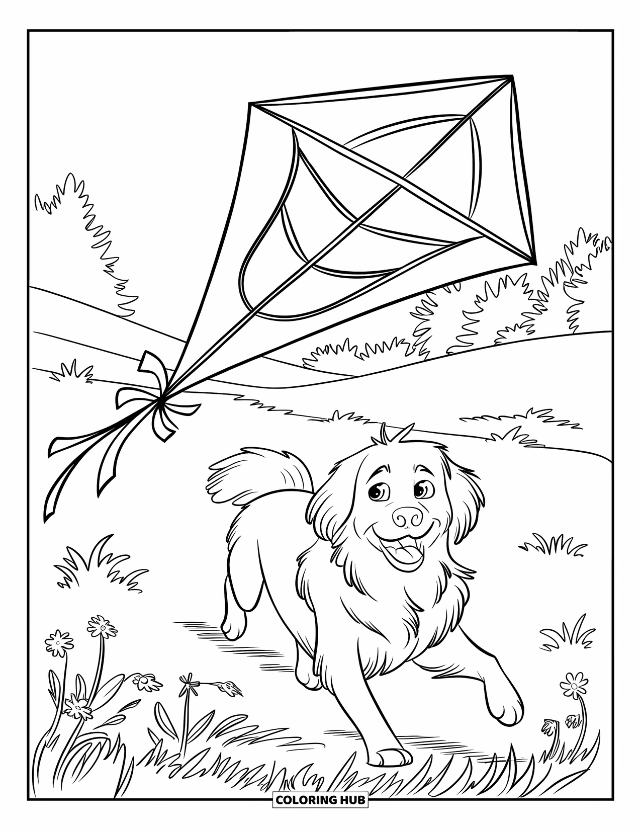 July Coloring Page for Kids: Kite soars over meadow while dog playfully chases its tail below