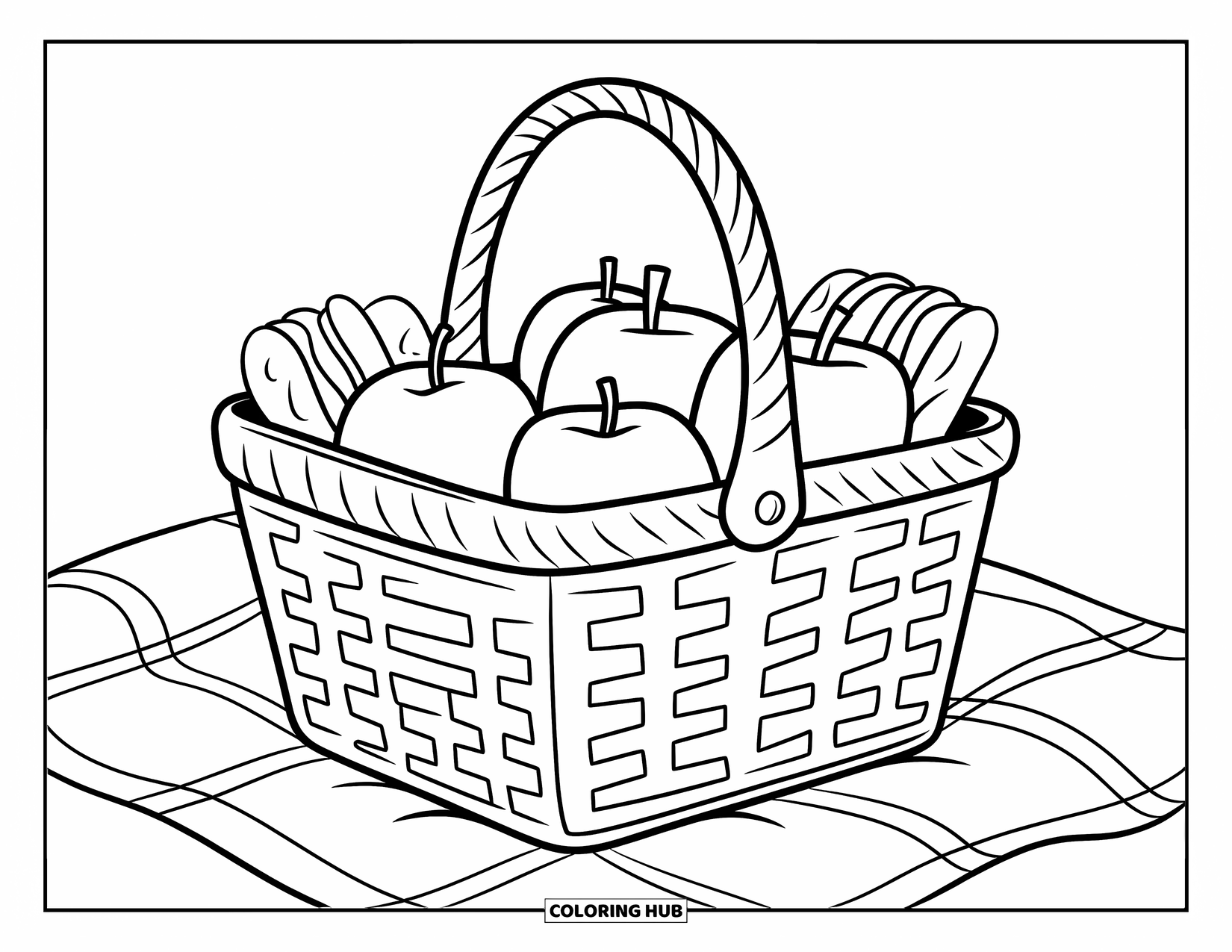 July Coloring Page for Kids: Picnic basket with apples and sandwiches sits on blanket