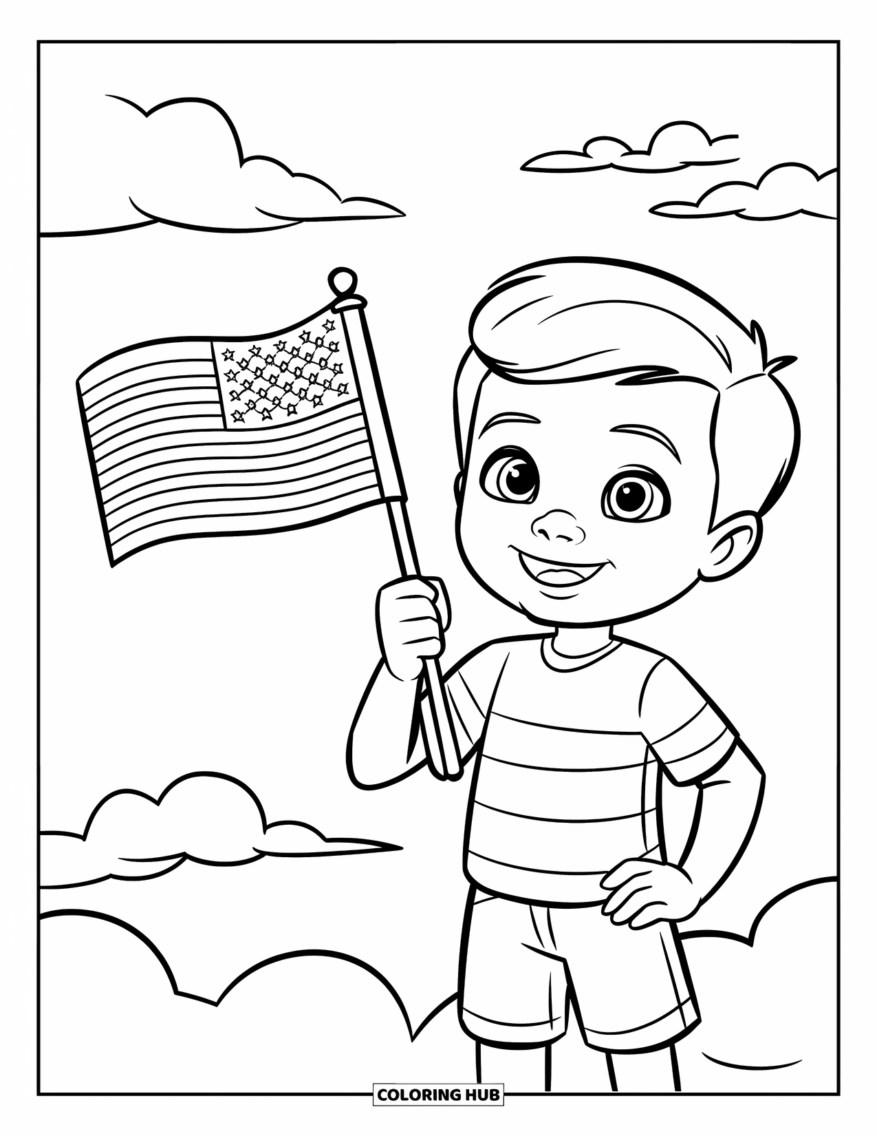 July Coloring Page for Kids: Smiling boy waves a little flag under a sky with clouds