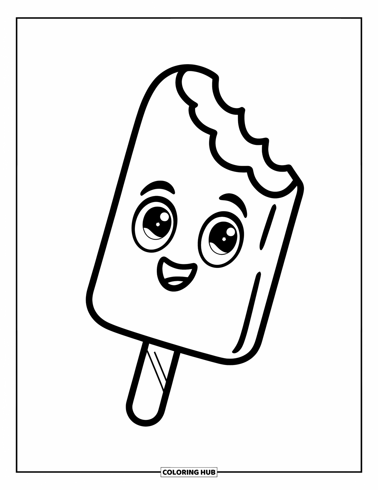 July Coloring Page for Kids: Smiling popsicle with bite mark rests on stick with big eyes
