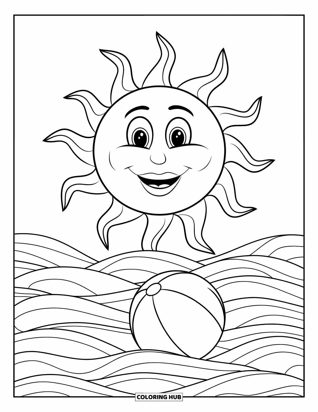 July Coloring Page for Kids: Smiling sun shines above wavy ocean with floating beach ball