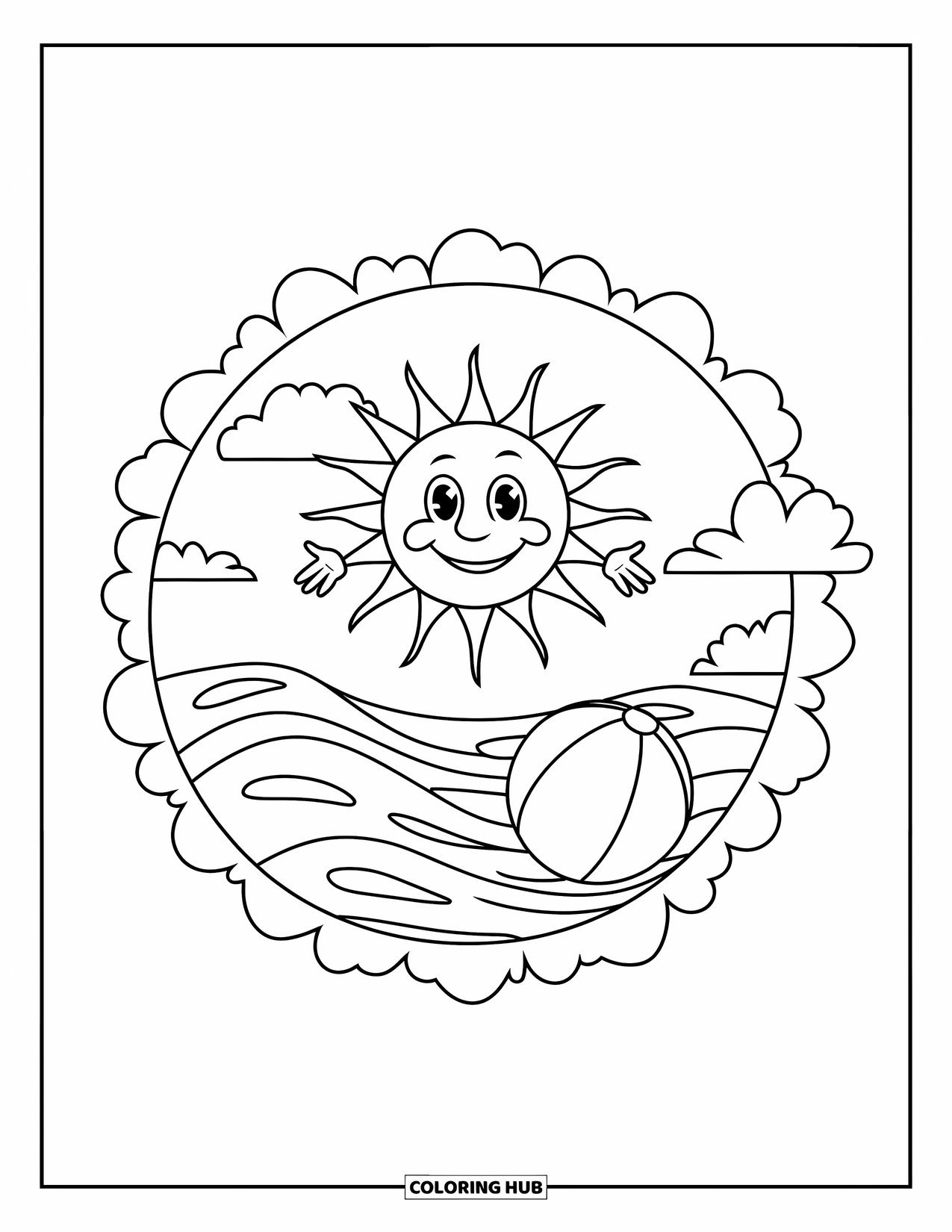 July Coloring Page for Kids: Smiling sun with rays above wavy ocean and floating beach ball