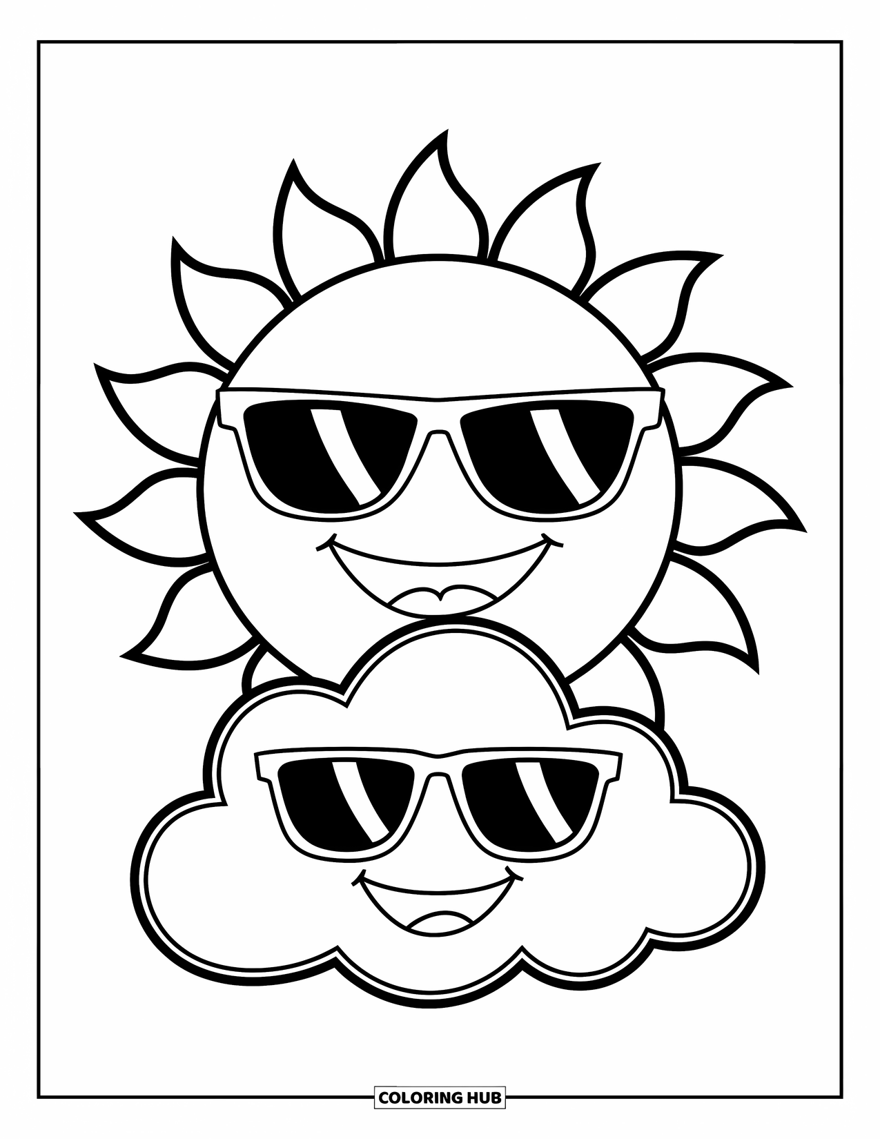 July Coloring Page for Kids: Sun and cloud both wear sunglasses with big smiles