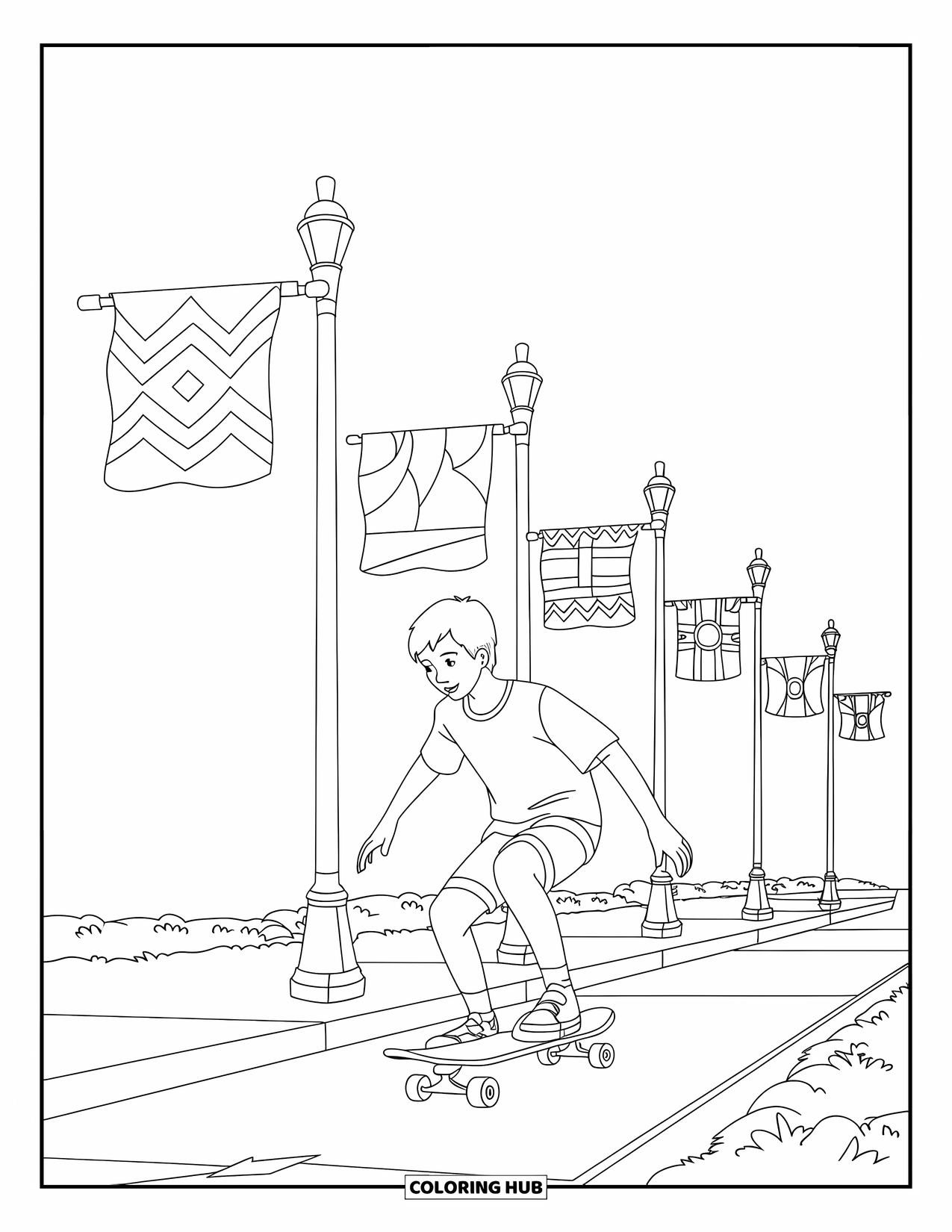 July Coloring Page for Kids: Teen rides skateboard past flags on streetlights along a sidewalk
