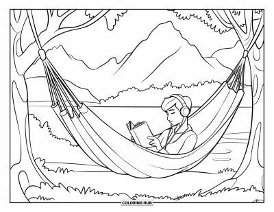 Kolorowanka na lipiec dla dzieci: Nastolatek czyta w hamaku ze słuchawkami przy drzewach i wodzie