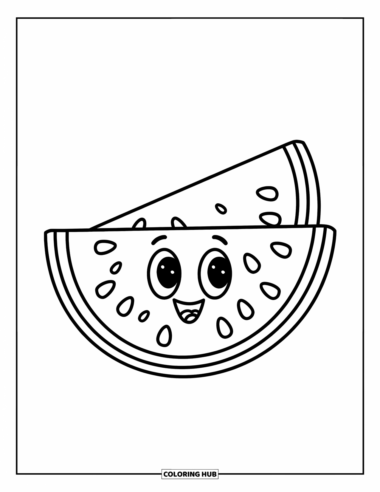 July Coloring Page for Kids: Watermelon slice in two parts with seeds and cheerful face
