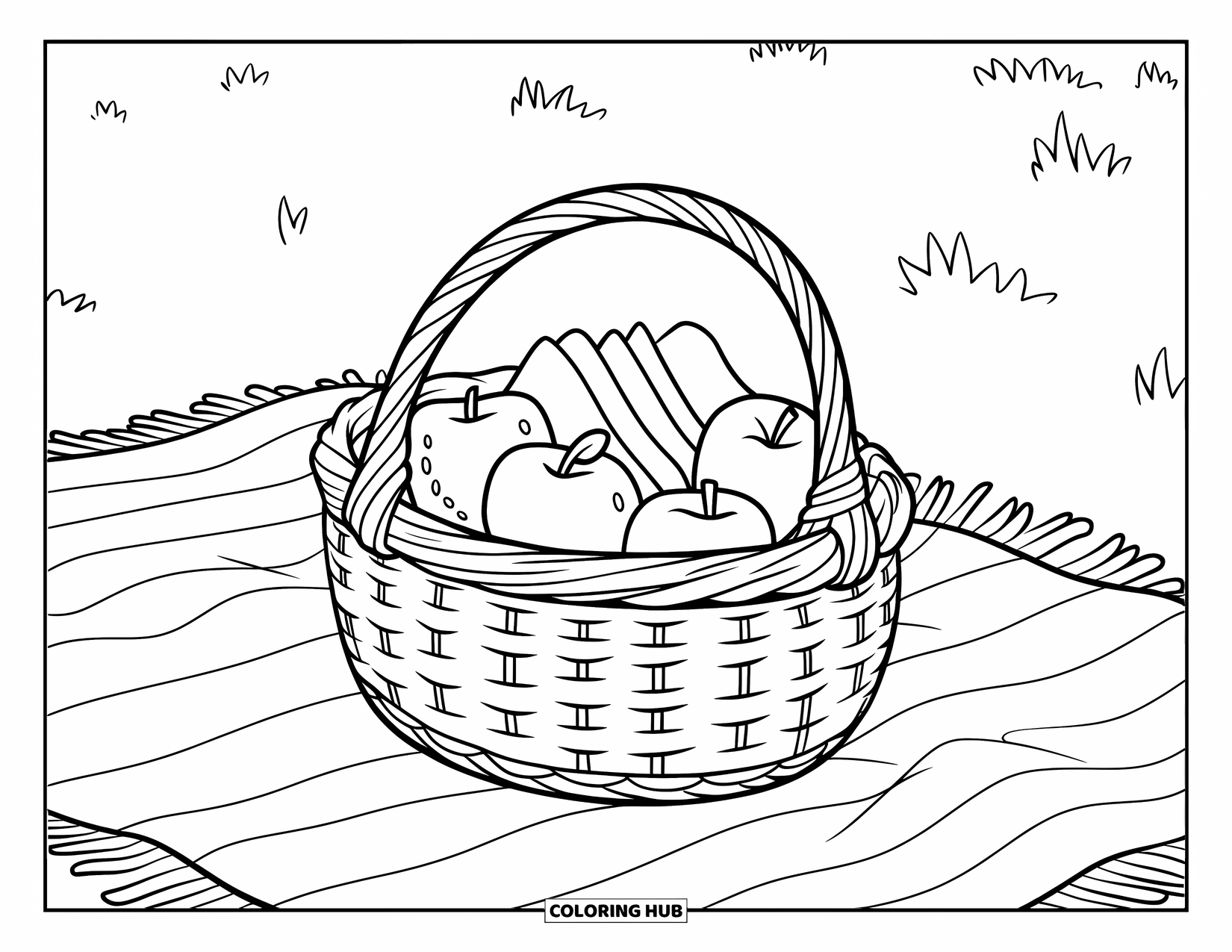 July Coloring Page for Kids: Wicker basket with apples and sandwiches rests on blanket in grass