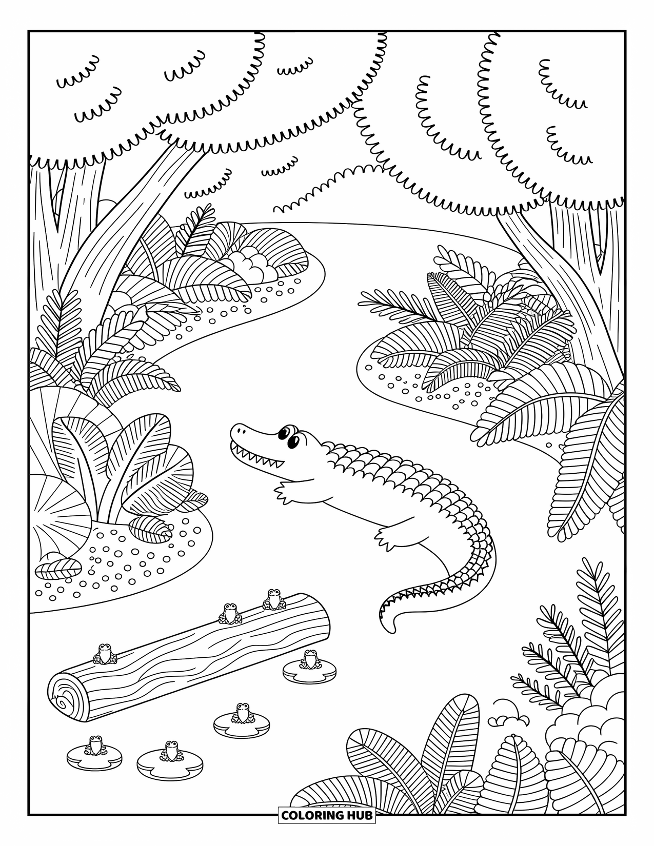 Jungle Animals Coloring Page for Adults: Crocodile lounging in jungle river with ferns, branches, and perched frogs