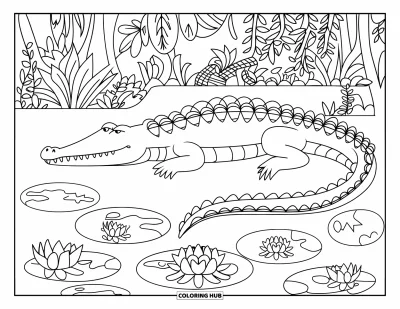Dschungeltier-Ausmalbild für Erwachsene: Krokodil am Teich umrahmt von Mandala-Seerosen und dichtem Dschungel